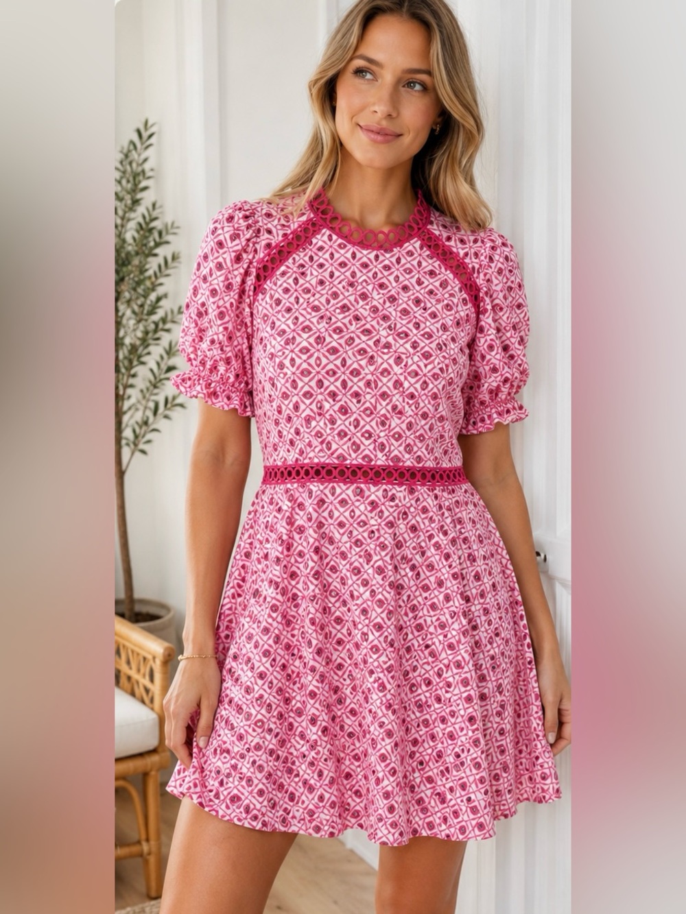 AQUA Pink Embroidered Fit & Flare Dress | Size Small